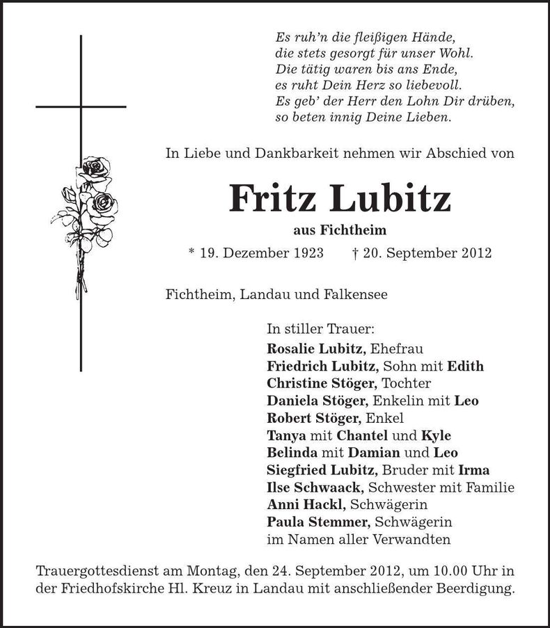 Traueranzeige Fritz Lubitz