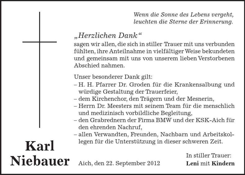Traueranzeige Karl Niebauer