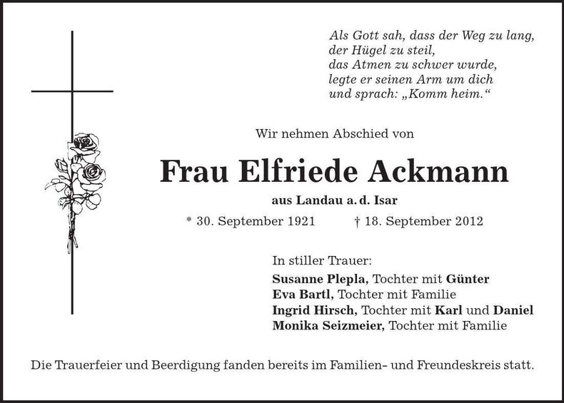 Traueranzeige Elfriede Ackmann