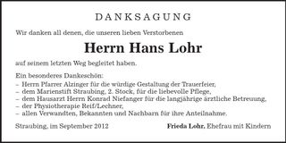 Traueranzeige Hans Lohr