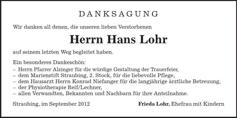 Traueranzeige Hans Lohr