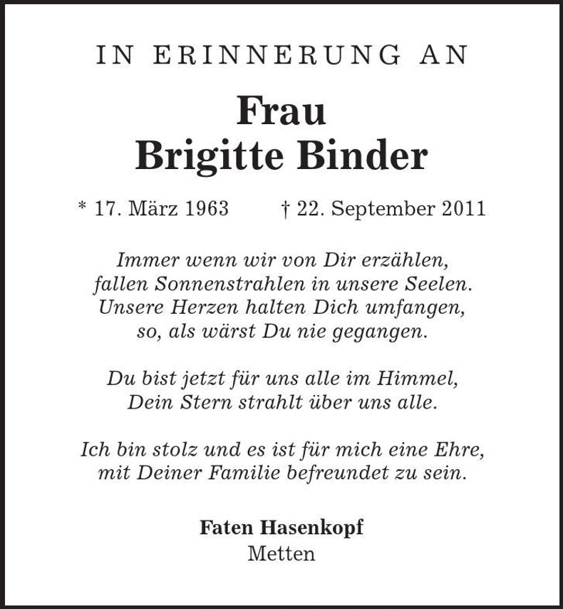 Traueranzeige Brigitte Binder