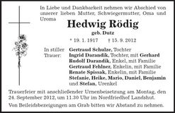 Traueranzeige Hedwig Rödig
