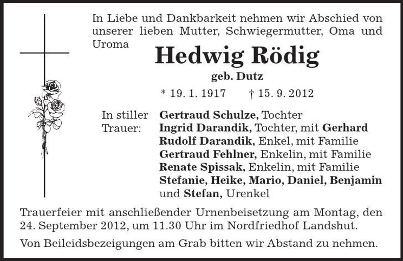 Traueranzeige Hedwig Rödig