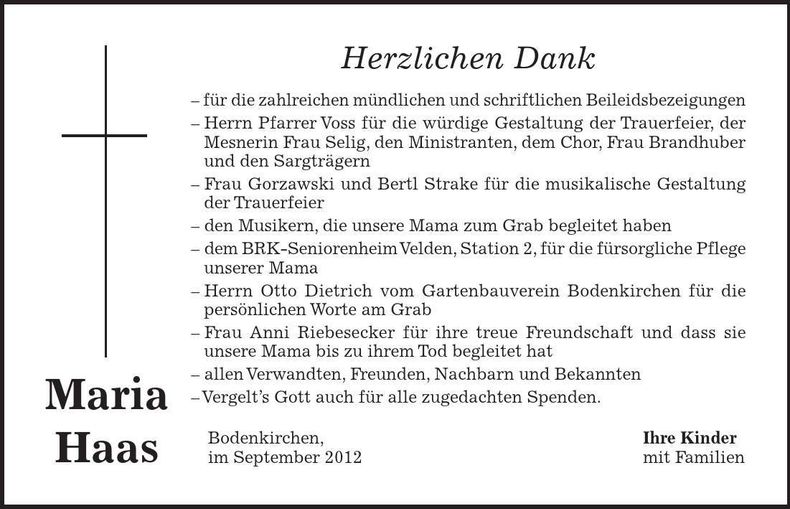 Traueranzeige Maria Haas