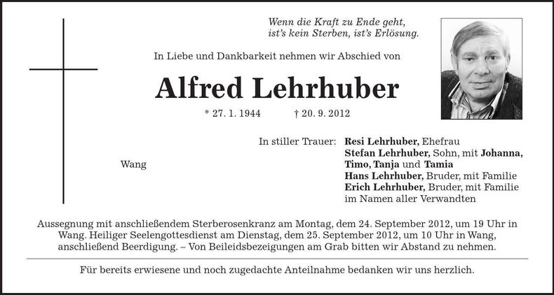 Traueranzeige Alfred Lehrhuber