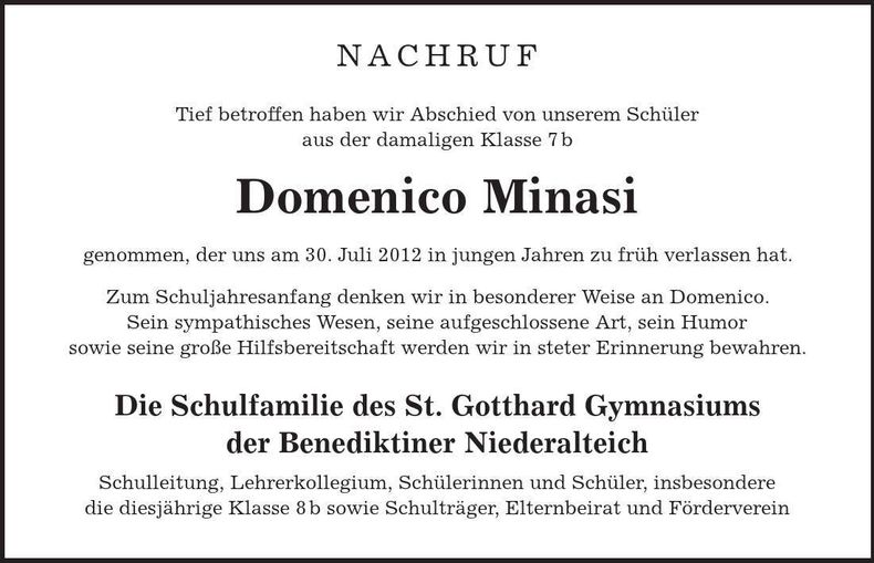 Traueranzeige Domenico Minasi