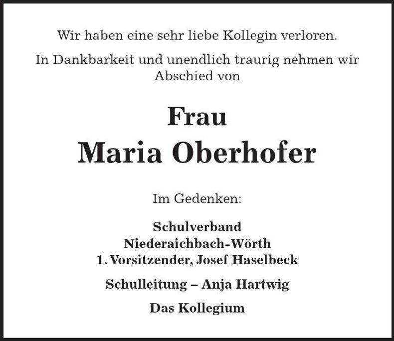 Traueranzeige Maria Oberhofer