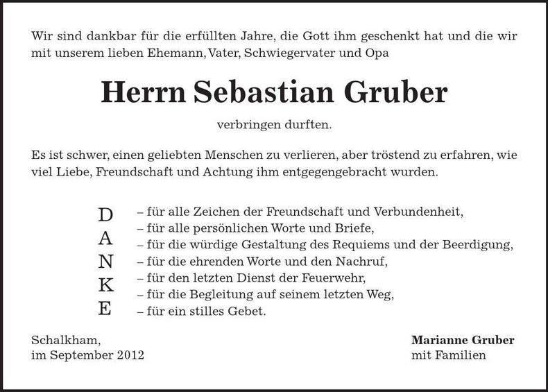 Traueranzeige Sebastian Gruber