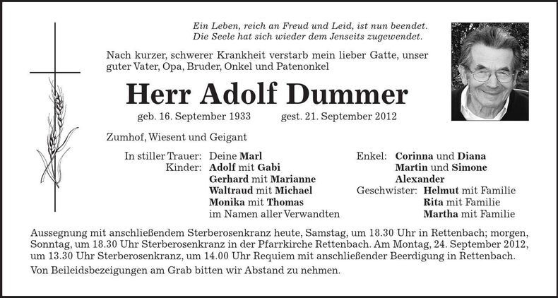 Traueranzeige Adolf Dummer