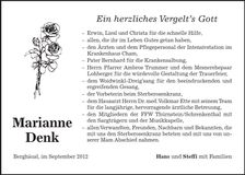Traueranzeige Marianne Denk