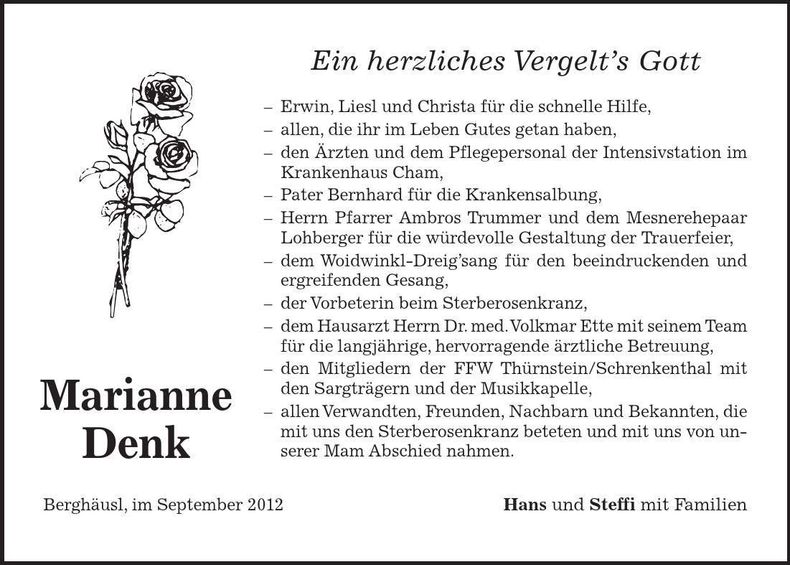 Traueranzeige Marianne Denk
