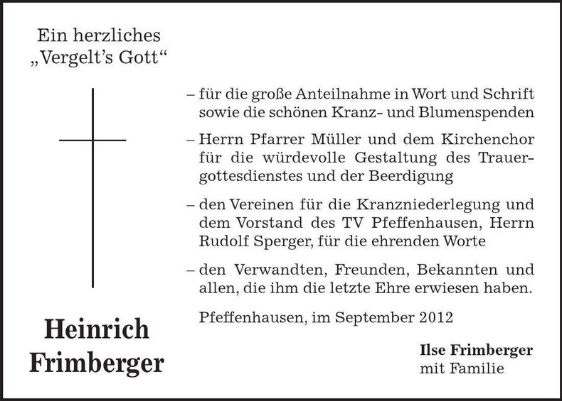 Traueranzeige Heinrich Frimberger