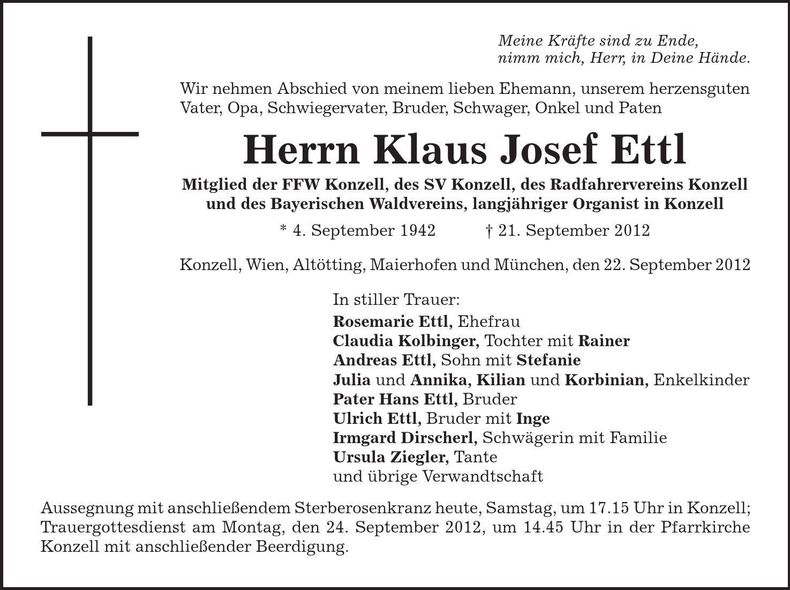 Traueranzeige Klaus Josef Ettl