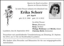 Traueranzeige Erika Schorr