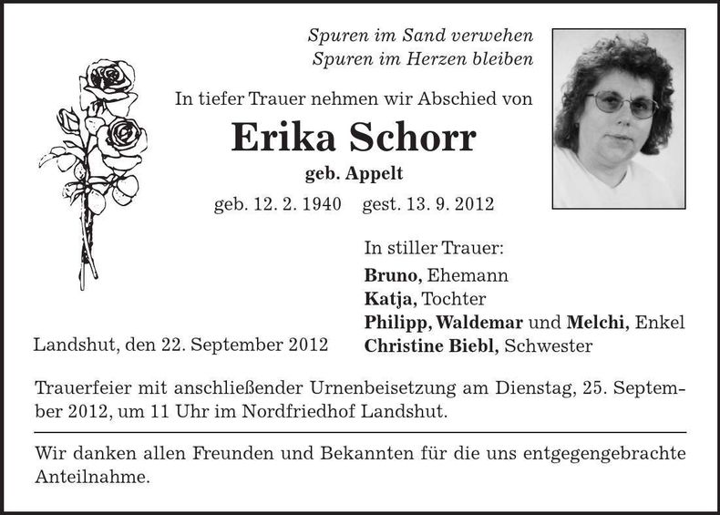 Traueranzeige Erika Schorr