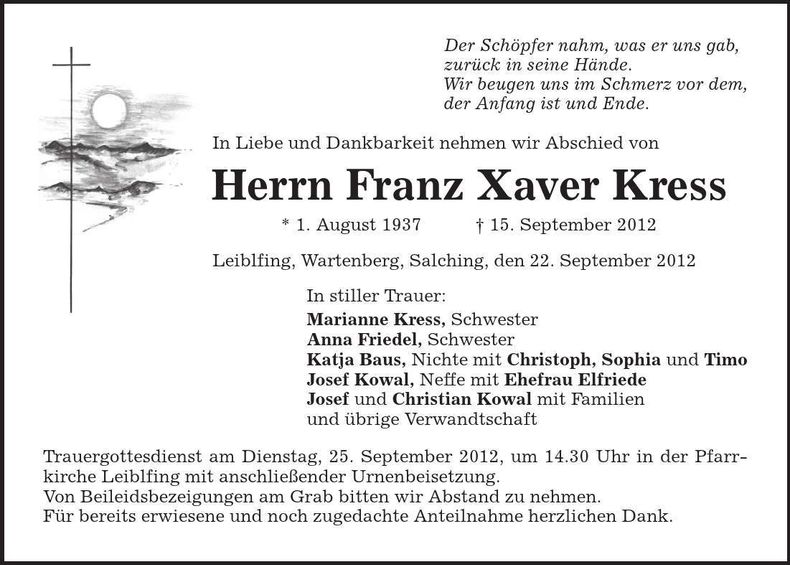 Traueranzeige Franz Xaver Kreß
