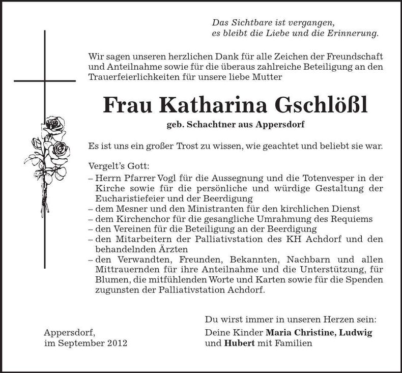 Traueranzeige Katharina Gschlößl