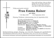 Traueranzeige Emma Rainer