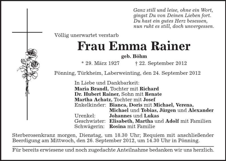 Traueranzeige Emma Rainer