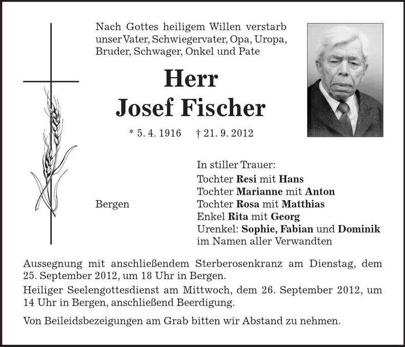 Traueranzeige Josef Fischer