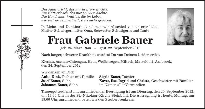 Traueranzeige Gabriele Bauer