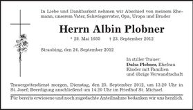 Traueranzeige Albin Plobner