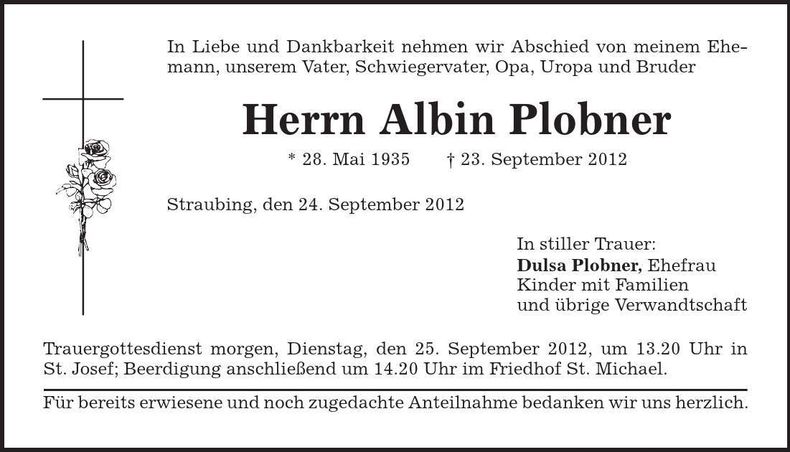 Traueranzeige Albin Plobner