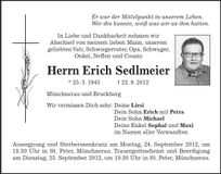 Traueranzeige Erich Sedlmeier