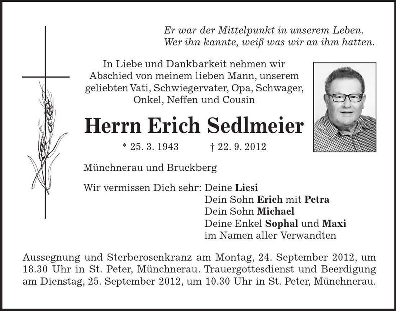 Traueranzeige Erich Sedlmeier