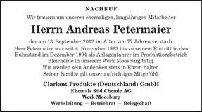 Traueranzeige Andreas Petermaier