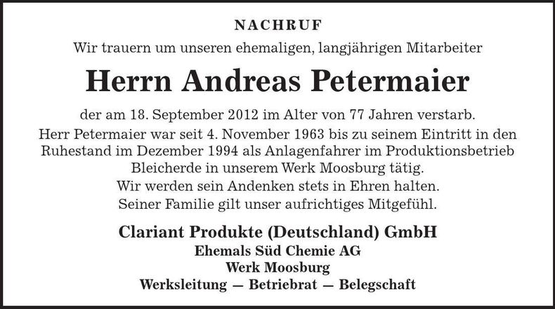 Traueranzeige Andreas Petermaier