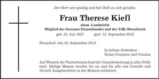 Traueranzeige Therese Kiefl