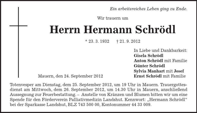 Traueranzeige Hermann Schrödl