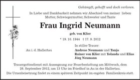 Traueranzeige Ingrid Neumann