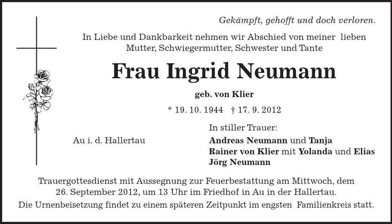 Traueranzeige Ingrid Neumann