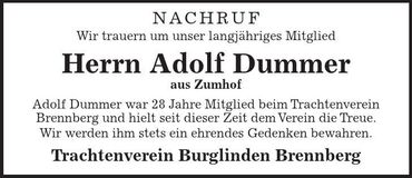 Traueranzeige Adolf Dummer