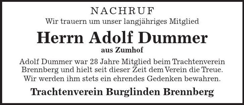 Traueranzeige Adolf Dummer