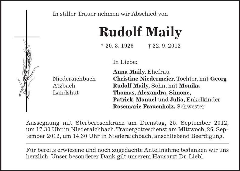 Traueranzeige Rudolf Maily