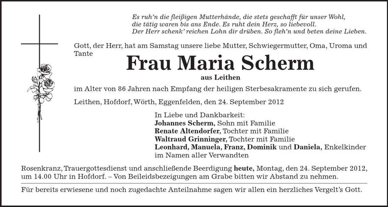 Traueranzeige Maria Scherm