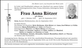 Traueranzeige Anna Rötzer