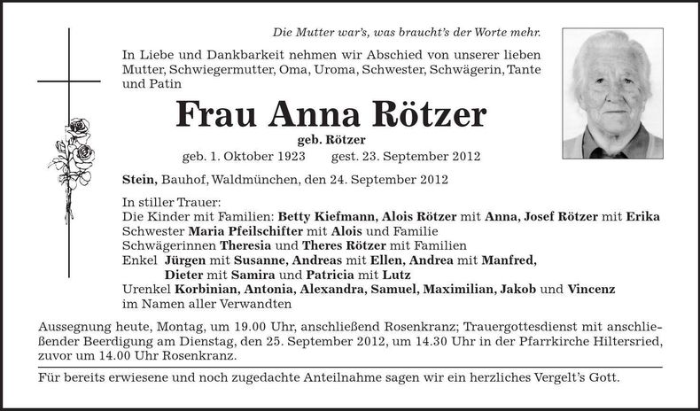 Traueranzeige Anna Rötzer