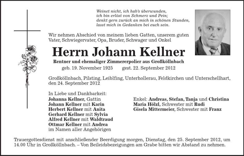 Traueranzeige Johann Kellner