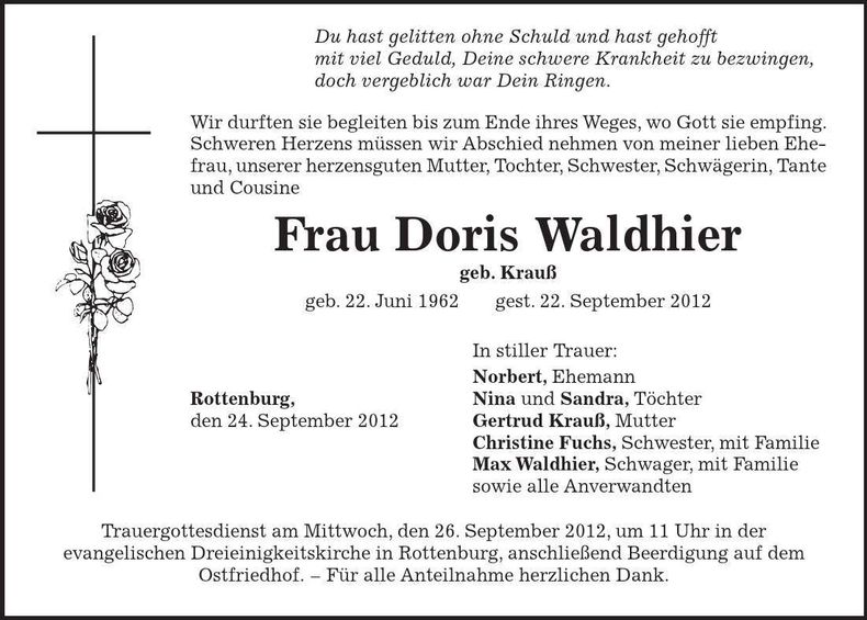 Traueranzeige Doris Waldhier