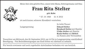 Traueranzeige Rita Stelter