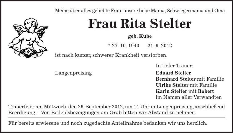 Traueranzeige Rita Stelter