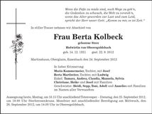 Traueranzeige Berta Kolbeck