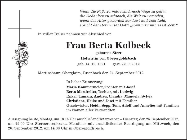 Traueranzeige Berta Kolbeck
