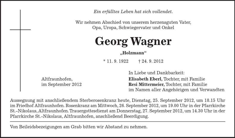 Traueranzeige Georg Wagner