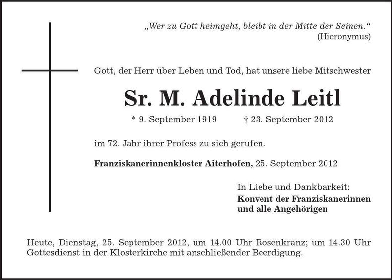 Traueranzeige M. Adelinde Leitl Sr.